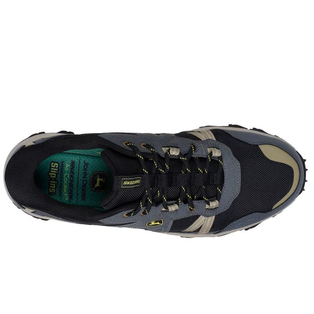 Top view of the Skechers John Deere Equalizer 5.0 Trail Harvester Slip Ins in grey, charcoal, and black with yellow accents, black laces with yellow specks, and a green insole labeled Air-Cooled Memory Foam and Slip Resistant., 50557, 50558, 197976615021,