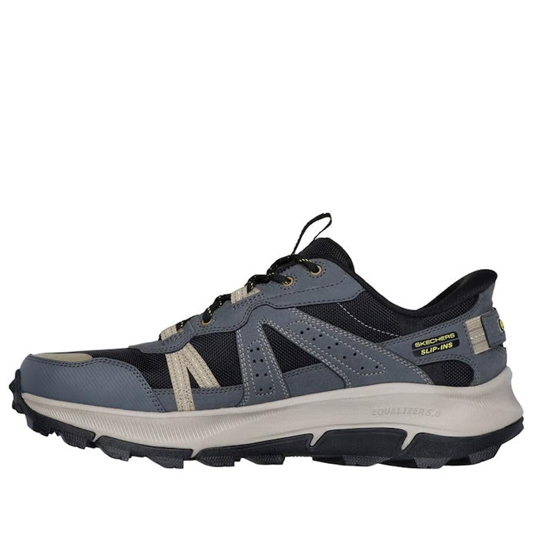 The Skechers John Deere Equalizer 5.0 Trail Harvester Slip-Ins in Grey, Charcoal & Black features mesh and synthetic materials, beige accents, chunky sole, lace-up front, Air-Cooled Memory Foam comfort, and Skechers Hands Free Slip-ins labeling., 50557, 5