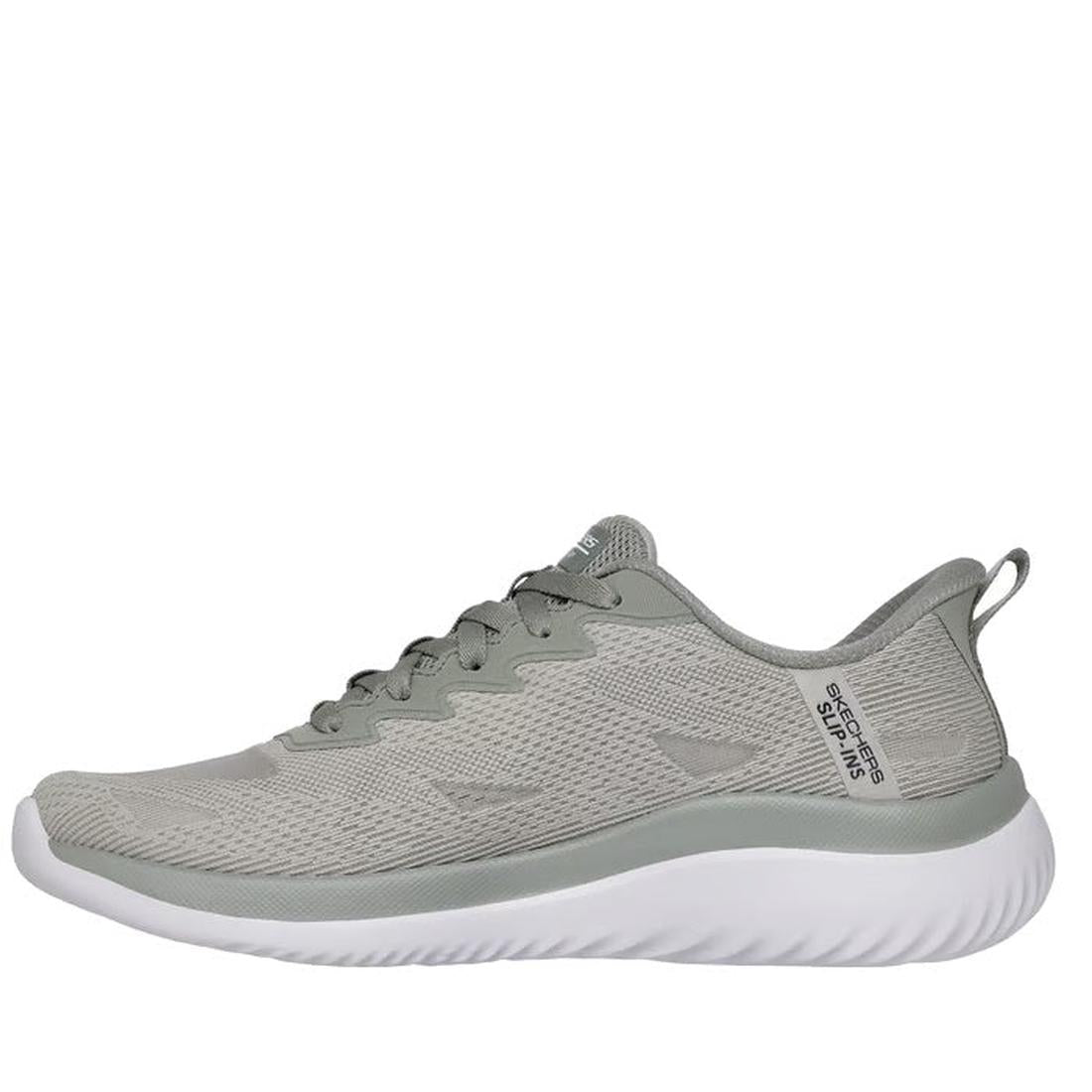The Skechers Mens Slip Ins Bounder 2.0 Maylon Trainer in sage green features a mesh upper, memory foam cushioned sole, lace-up front, pull tab at the heel, and Summits branding—ideal for all-day comfort., 198739007268, 48234, 198739007282, 48236, 19873900