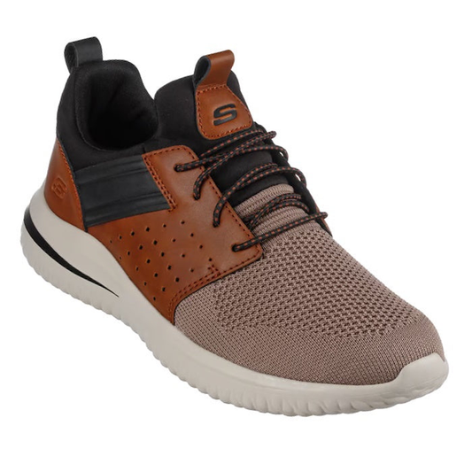 Skechers Mens Delson 3.0 cicada slip on Brown and black sneaker with a white sole on a white background. Side & front view on an agnle showing elastic no tie laces, beight meash upper and lesther look in tan on the sides.
