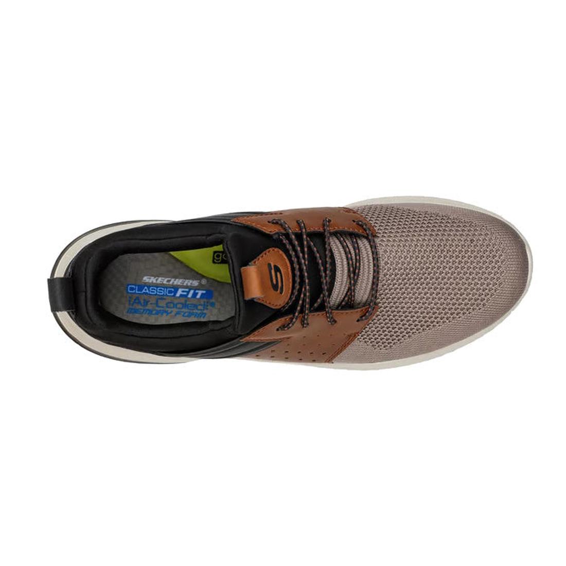 Skechers mens Delson 3.0 Cicada mens slip on Top Down View sneaker with brown and black design on a white background. Showing memory foam innersole andthe elastic no tie laces and mesh light grown beigh over the toe and padded heel.,
195969312018,
1959693