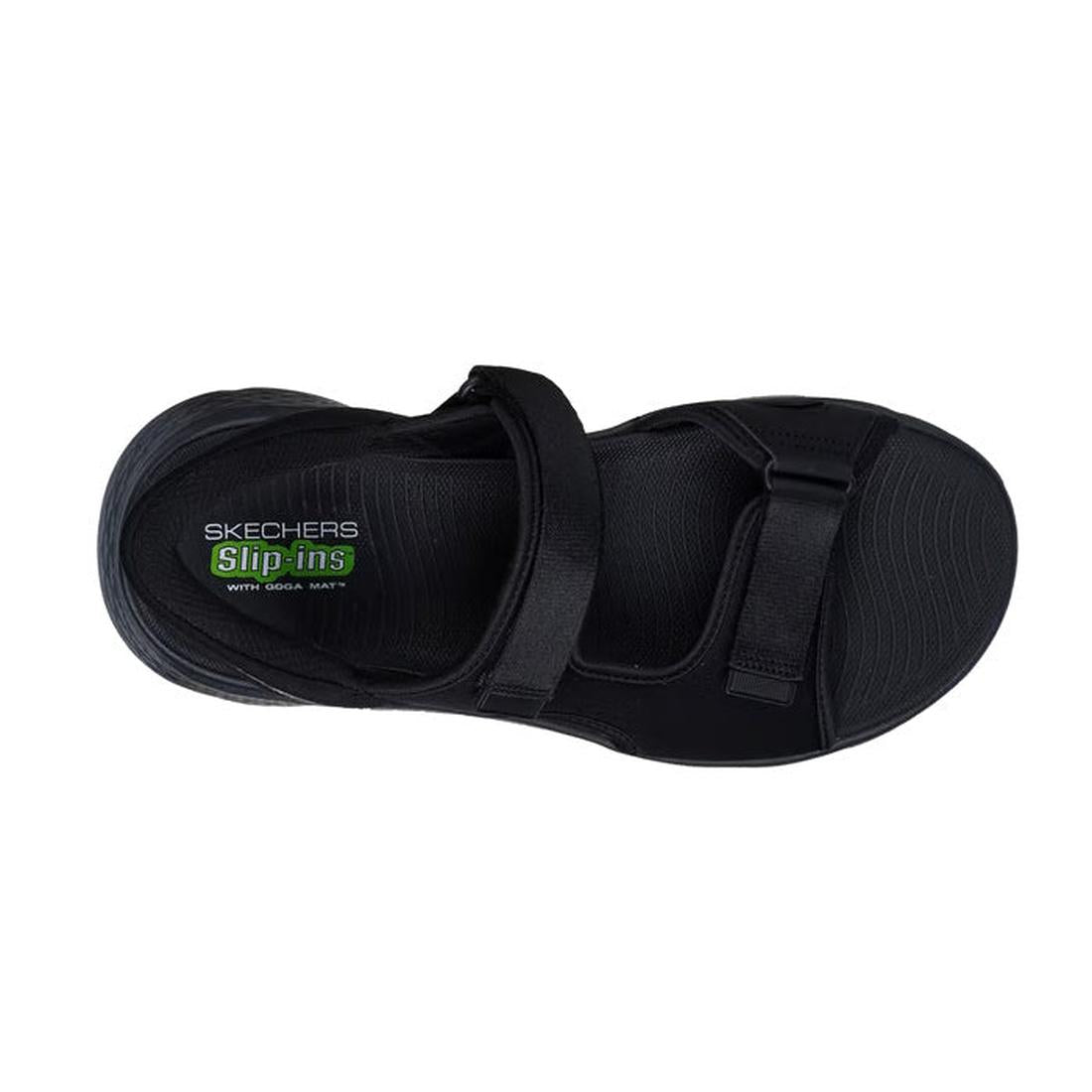 Top view of Skechers Mens Go Walk Flex SD Easy Entry Slip In Sandals in black, featuring two adjustable straps, Skechers branding with green accents on the insole. Ideal for men seeking comfortable slip-in sandals., 48219, 48220, 48221, 198376833930, 1983