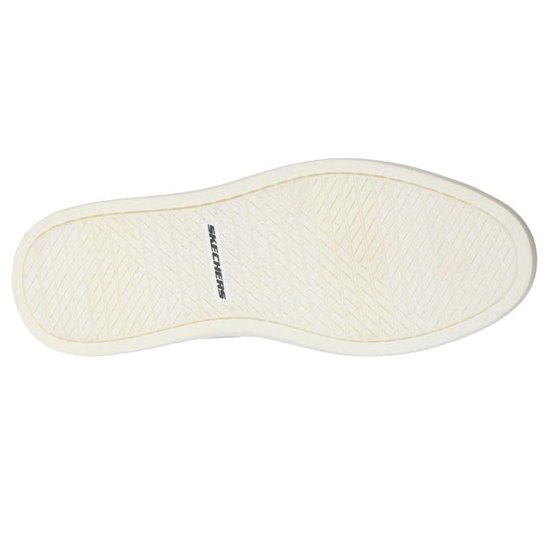 The image shows the white rubber sole of the Mens Skechers Slip-ins Owen - Connell Black, featuring a textured diagonal line pattern and the black Skechers logo at the center., 198739701234, 198739701258, 198739701272, 50159, 50160