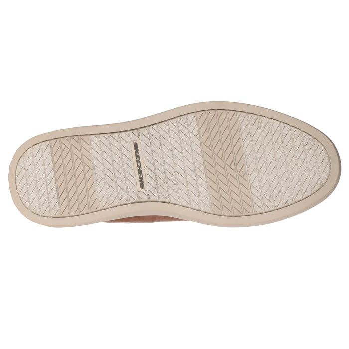 The image shows the sole of the Mens Skechers Slip-ins Owen Connell Brown shoe, featuring a light beige color, a herringbone tread pattern, and a small Skechers logo in the center, highlighting its comfortable slip-on design., 198739701364, 198739701388, 
