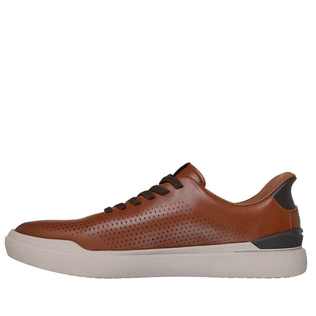 The Mens Skechers Slip-ins Owen Connell Brown is a brown leather sneaker with perforated sides, black laces, black heel accent, and a thick white rubber sole with memory foam insole, shown in side view against a white background., 198739701364, 1987397013