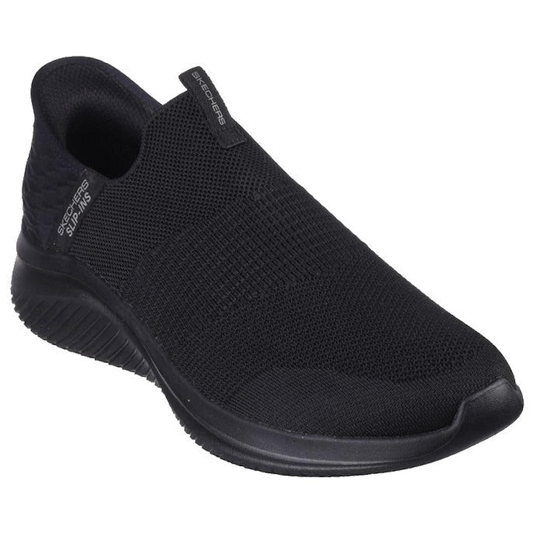 The Skechers Mens Slip Ins Ultra Flex 3.0 Viewpoint is a black slip-on athletic shoe featuring a knit mesh upper, Stretch Fit design, thick rubber sole, pull tab on the tongue, subtle branding, and an Air-Cooled Memory Foam insole for comfort., 38459, 384