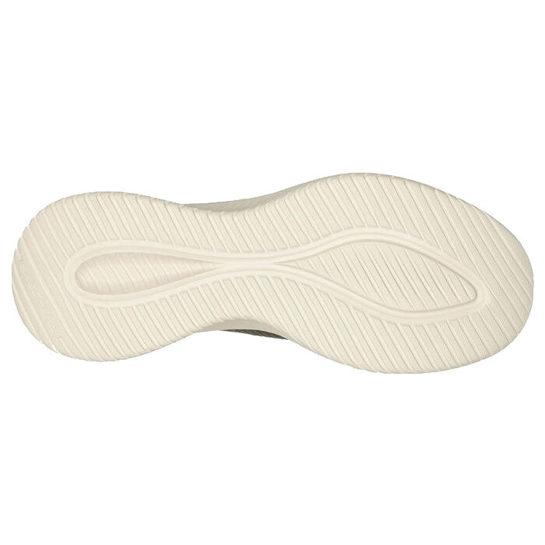 The Skechers Mens Slip Ins Ultra Flex 3.0 Viewpoint features a cream-colored sole with a wavy, textured grip pattern. Bottom view shows fine grooves and easy-access Hands Free Slip-ins design, set against a white background., 38459, 38460, 196642911429, 1