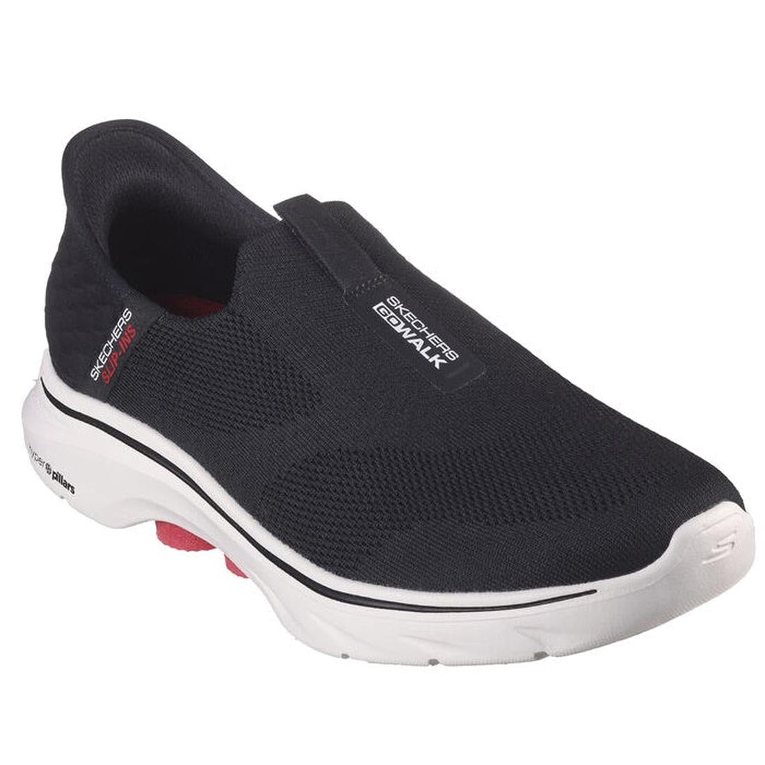 Skechers Arch Fit Support Mens Slip Ins Go Walk 7 Easy On 2: comfy black slip-on sneaker, easy closure, white sole, red lining.  ksnz