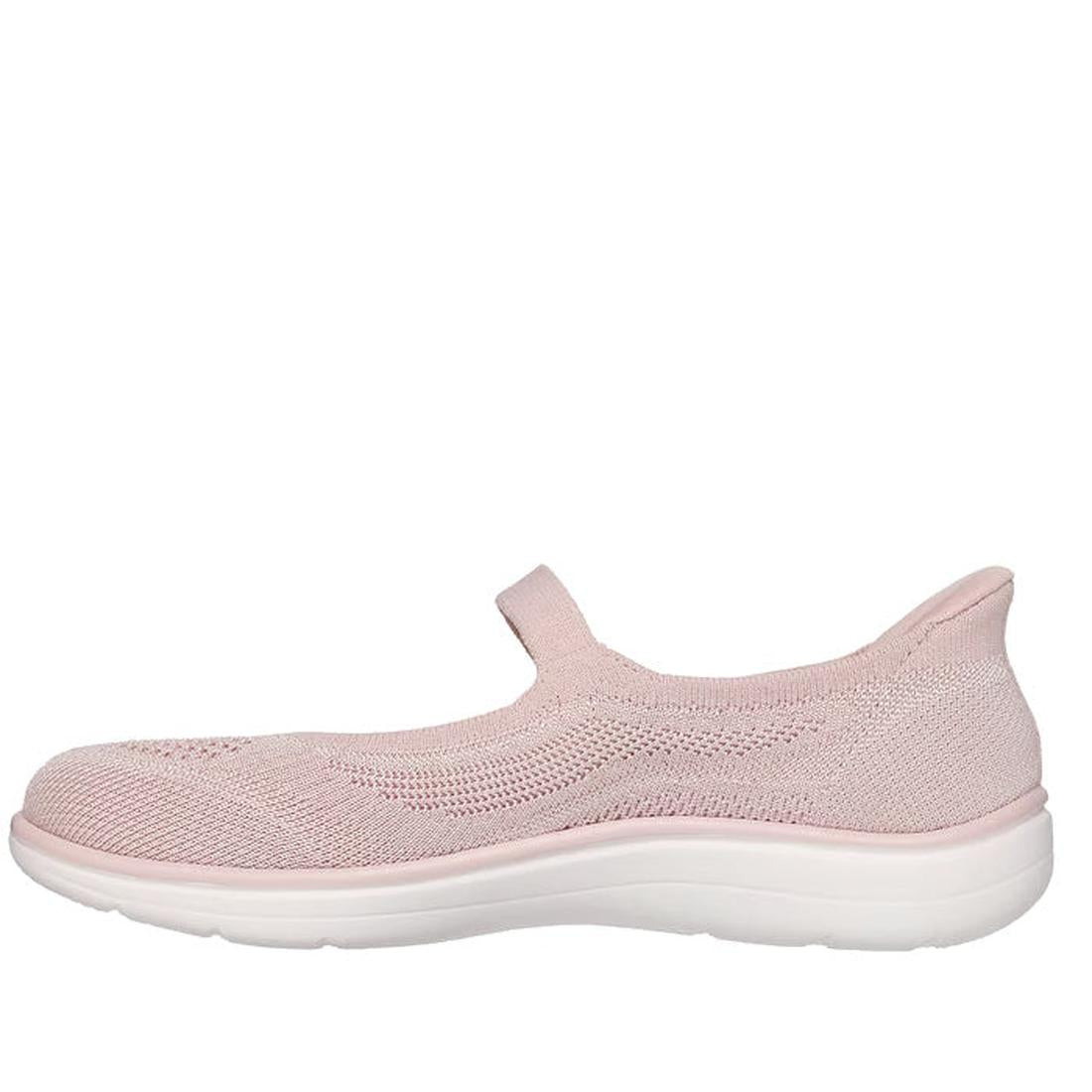 The Skechers Slip-In Mary Jane Shoe On The Go Flex Radiant - Estel in blush pink features a stretchy strap, breathable mesh upper, and thick white cushioned sole. Shown from the side on a plain white background., 49921, 49922, 198739772029, 49924, 1987397