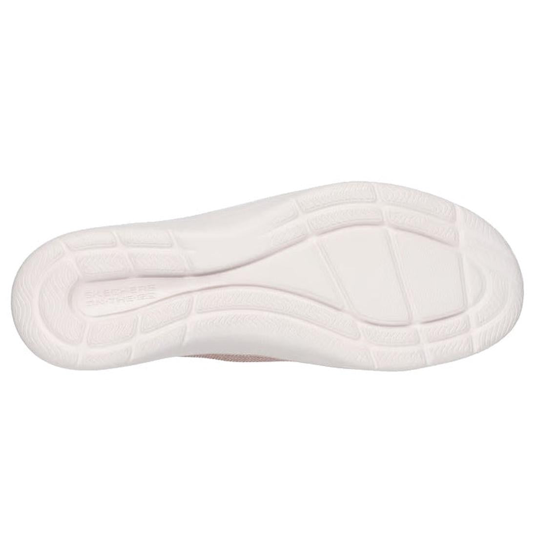 The image shows the sole of a blush pink Skechers Slip In Mary Jane Shoe On The Go Flex Radiant - Estel, featuring a textured, patterned design with curved grooves for traction and flexibility., 49921, 49922, 198739772029, 49924, 198739772043, 49926, 1987