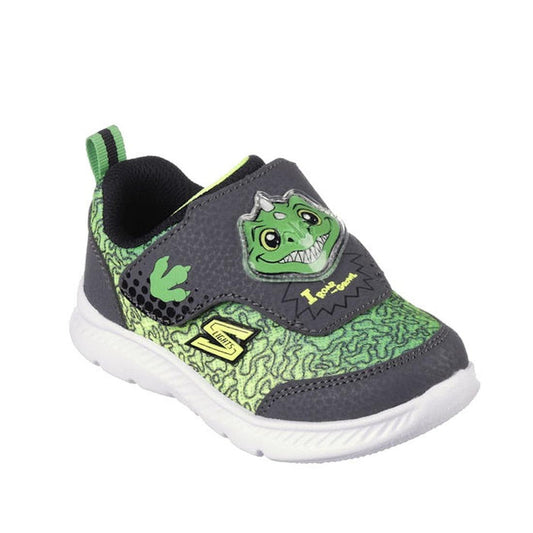 The Skechers Toddlers Boys Comfy Flex 2.0 Sound Buddies Lime is a comfy slip-on sneaker for toddlers, featuring a green and black cartoon dinosaur face on the strap, textured green patterns, yellow accents, white sole, and easy Velcro closure.