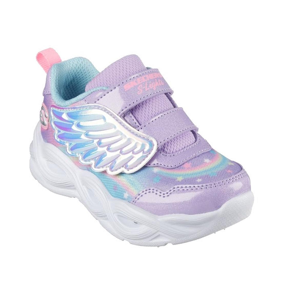 Skechers Toddlers Light Ups Twisty Glow Lavender sneakers glow with pastel purple, soft Velcro closure, cushioned comfort, and sturdy white sole.  ksnz