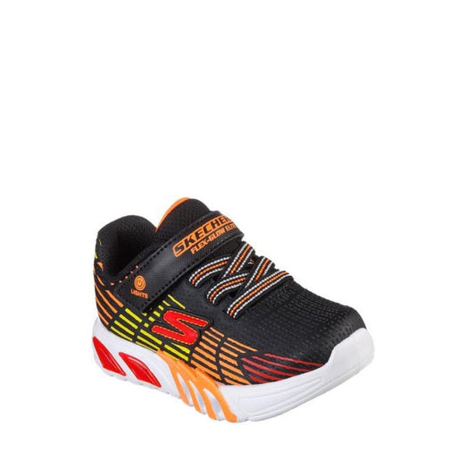 Skechers Toddlers Flex Glow Elite Black Orange—fun sneakers for little ones with a white sole, elastic laces, and colorful lights.  ksnz