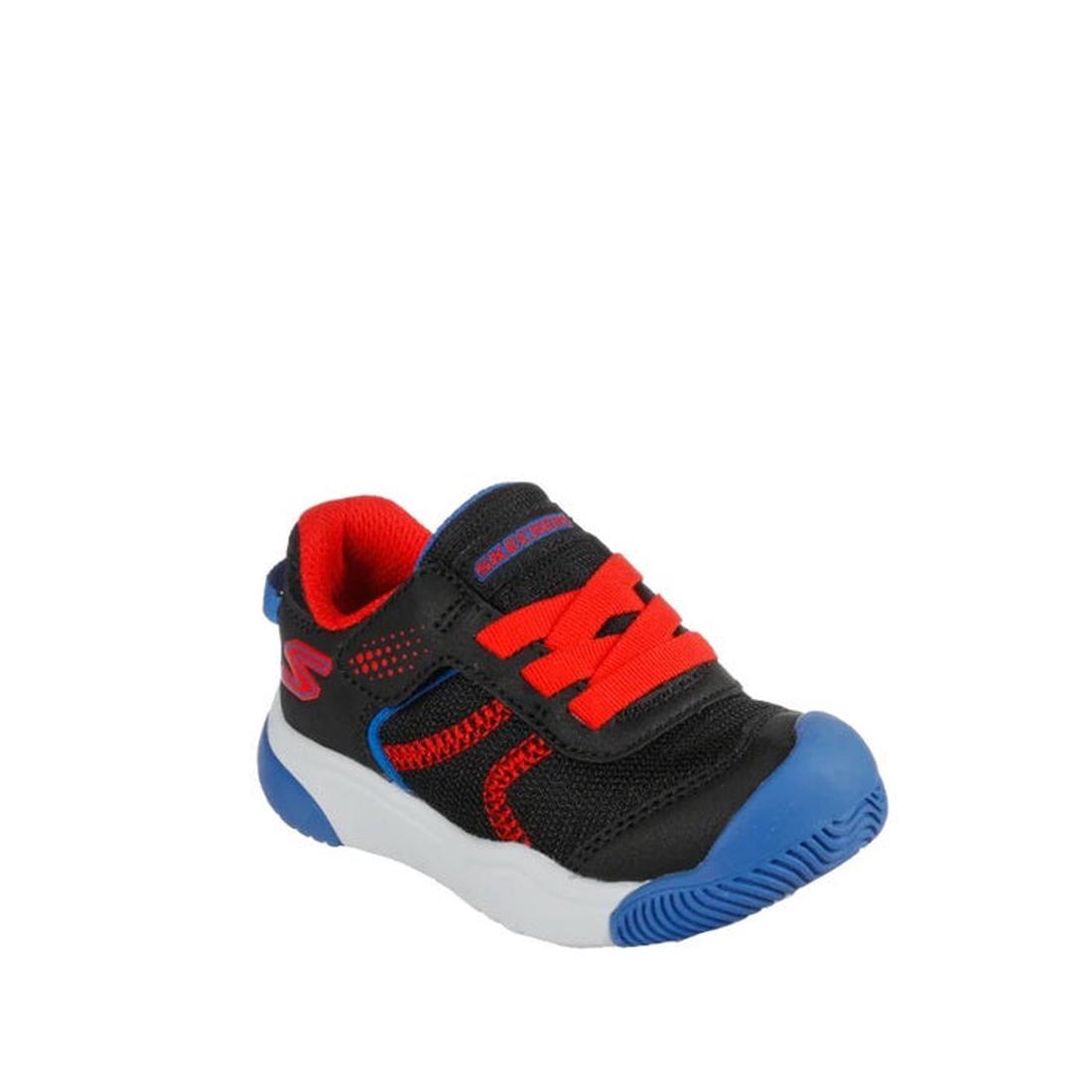 Skechers Toddlers Mighty Toes Lil Tread Sneaker Black: comfy sneaker with red laces, blue toe, sturdy blue-white sole, mesh accents.  ksnz