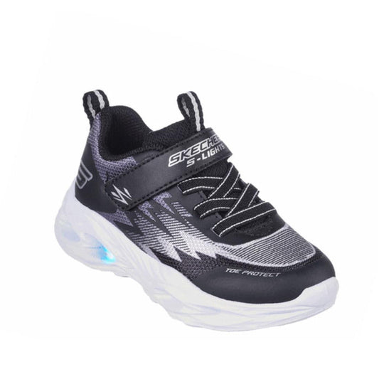 Skechers Light Ups Toddlers Vortex Flash Zorent Black sneaker with black and gray colors, easy Velcro strap, and bright blue sole light.  ksnz