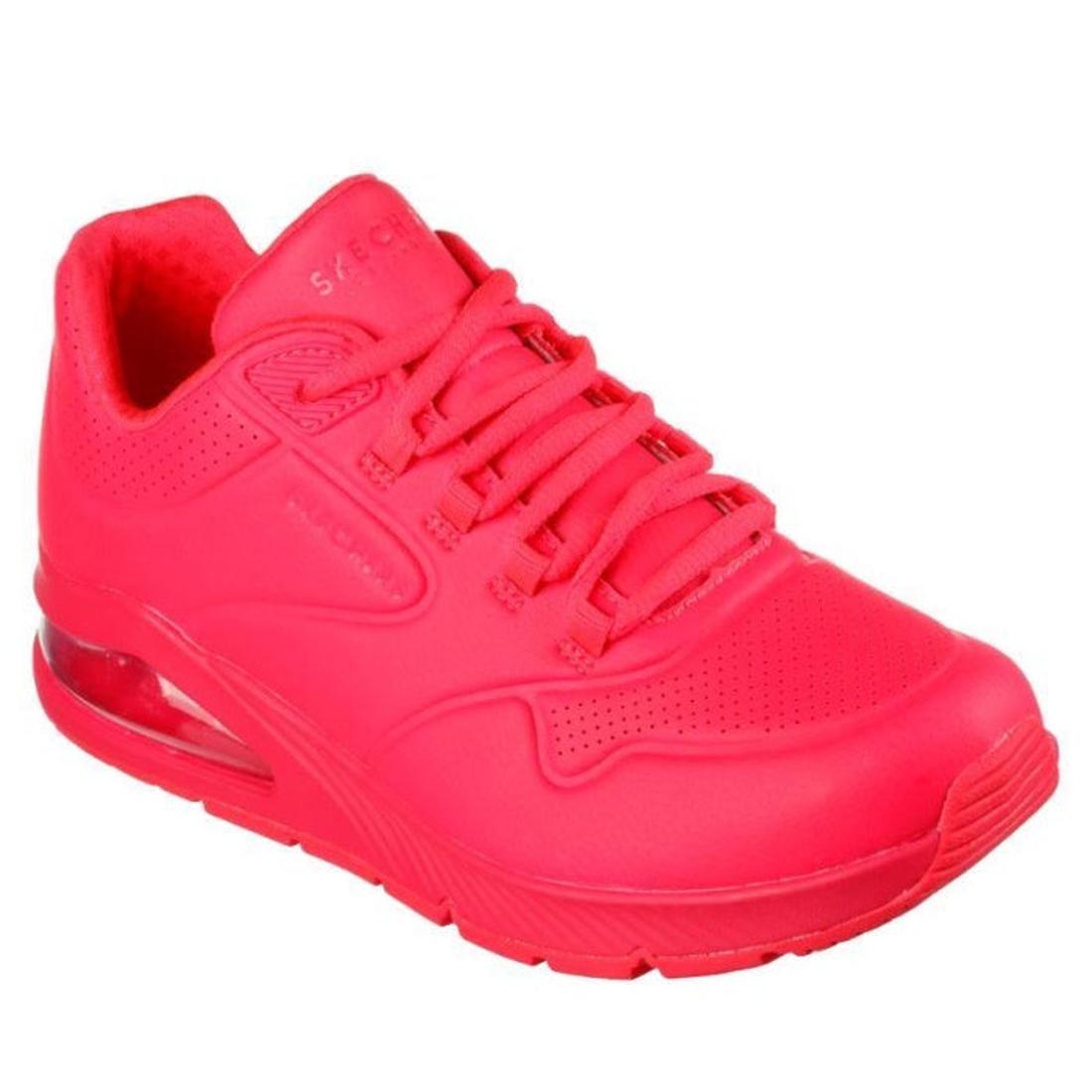 Skechers Uno 2 Great Kolor women’s sneaker in bright coral with comfy cushioned sole, supportive memory foam, and easy lace-up front.  ksnz