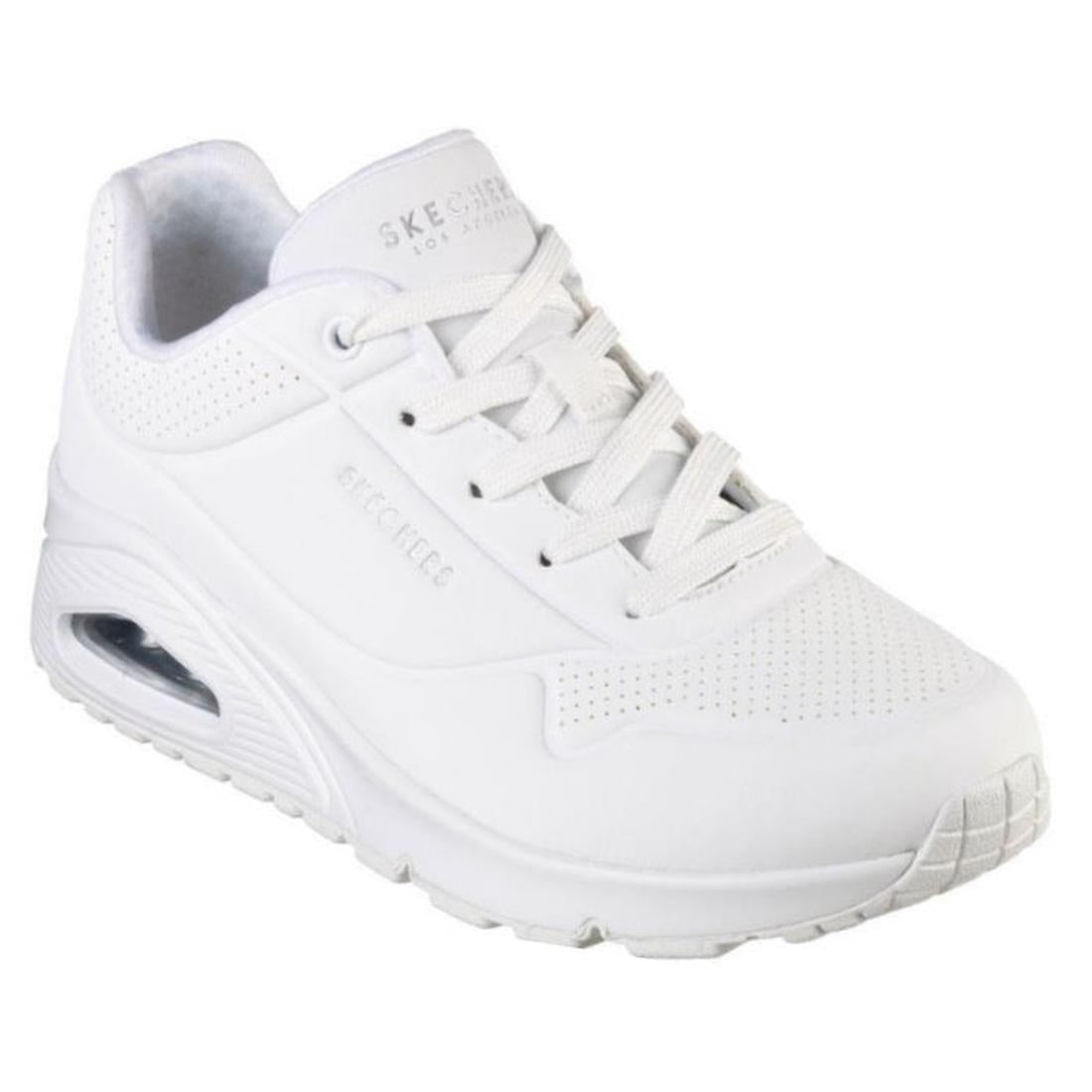 Skechers Uno Stand On Air Womens Trainer MONO White, lace-up sneakers with air-cushioned sole, comfy memory foam, family favorite.  ksnz