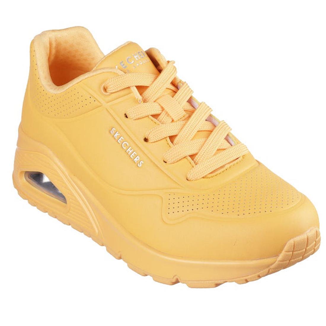 The Skechers Uno Stand On Air Womens Trainer Orange features an air-cushioned sole, Air-Cooled Memory Foam for comfort, perforated toe details, a thick sole, and matching orange laces.