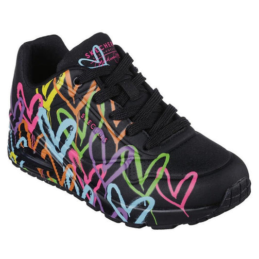 Skechers X JGoldcrown Uno Highlight Love Uno Womens: black sneakers with rainbow hearts, black sole, easy lace-up, and signature logos.  ksnz