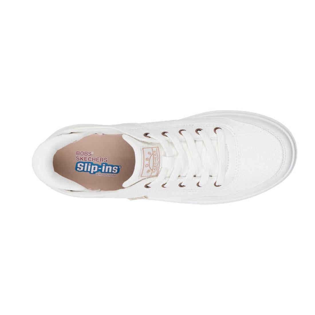 Top down view of a Skechers Bobs Dvine So Flattered  Wide Width White sneaker with a visible brand logo on a white background,
198376269258,
198376269272,
198376269296,
198376269319,
198376269326,, 45492, 45493, 198376269258, 45495, 198376269272, 45497, 1