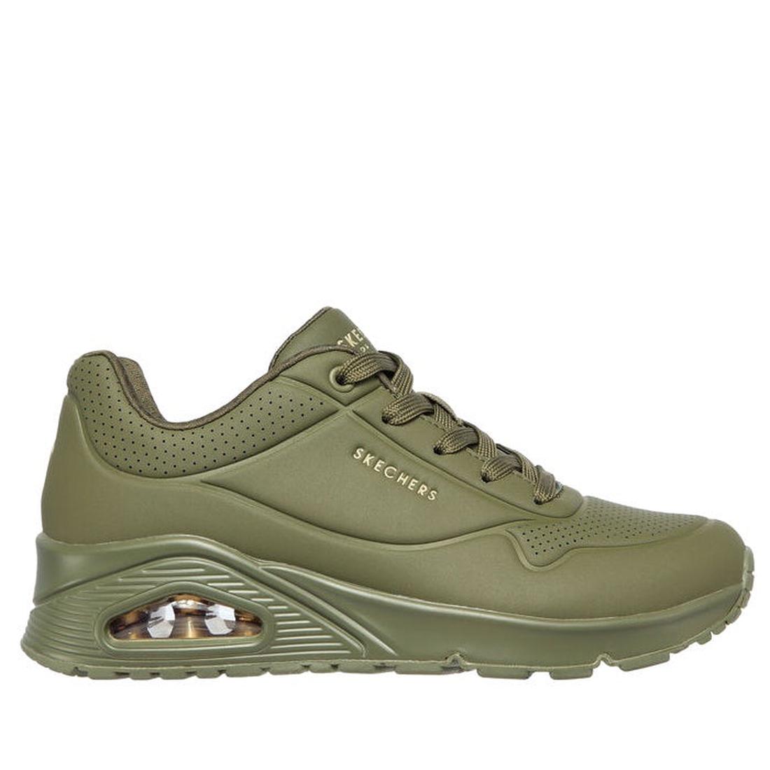 Skechers Uno Stand On Air Olive Green Women's Trainer offers a comfy air-cushion sole, secure laces, and Memory Foam support.  ksnz