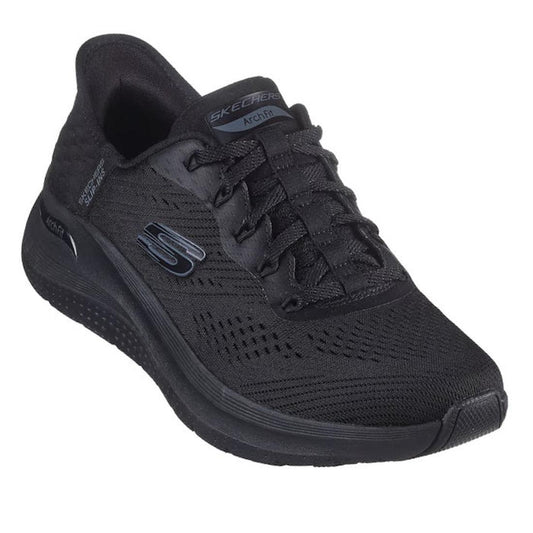 The Skechers Arch Fit 2.0 Slip In WIDE FIT Lace Up Easy Chic Black is an athletic shoe with a mesh upper, lace-up front, and prominent Skechers logo, featured in wide fit and shown against a white background.