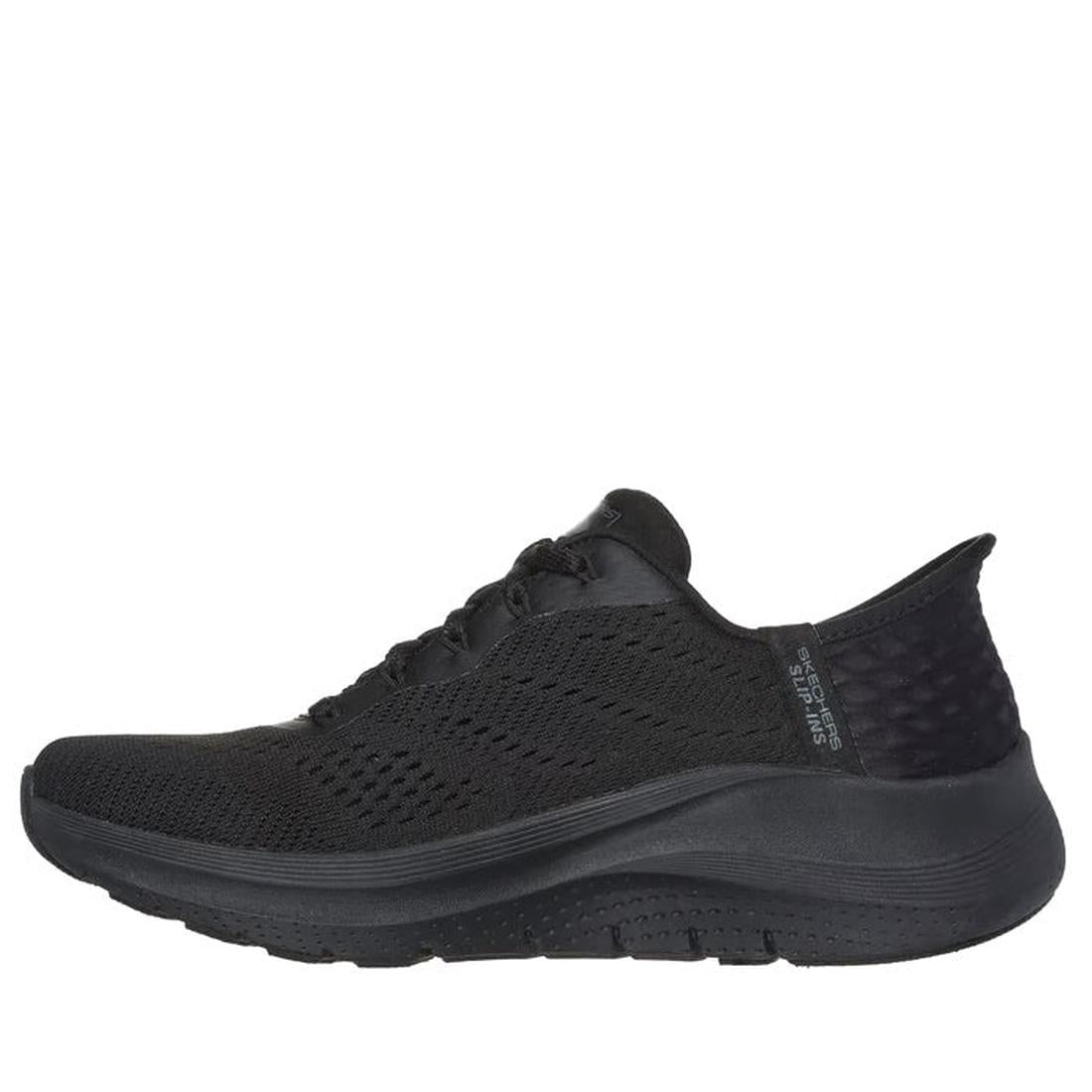 The Skechers Arch Fit 2.0 Slip In WIDE FIT Lace Up Easy Chic Black is a black athletic sneaker with a mesh upper, lace-up closure, thick rubber sole, Arch Fit support, wide fit option, subtle heel branding, and a low-cut design., 50572, 198376162054, 1983