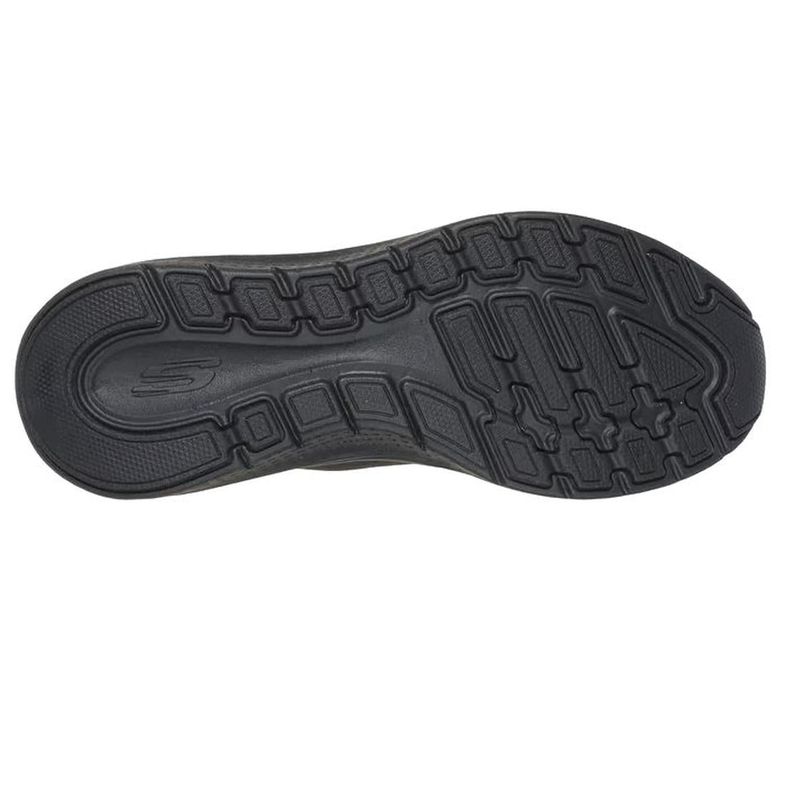 The image shows the black rubber outsole of the Skechers Arch Fit 2.0 Slip In WIDE FIT Lace Up Easy Chic Black, featuring a textured tread pattern and an embossed "S" near the heel., 50572, 198376162054, 198376162078, 198376162092, 198376162115, 50581