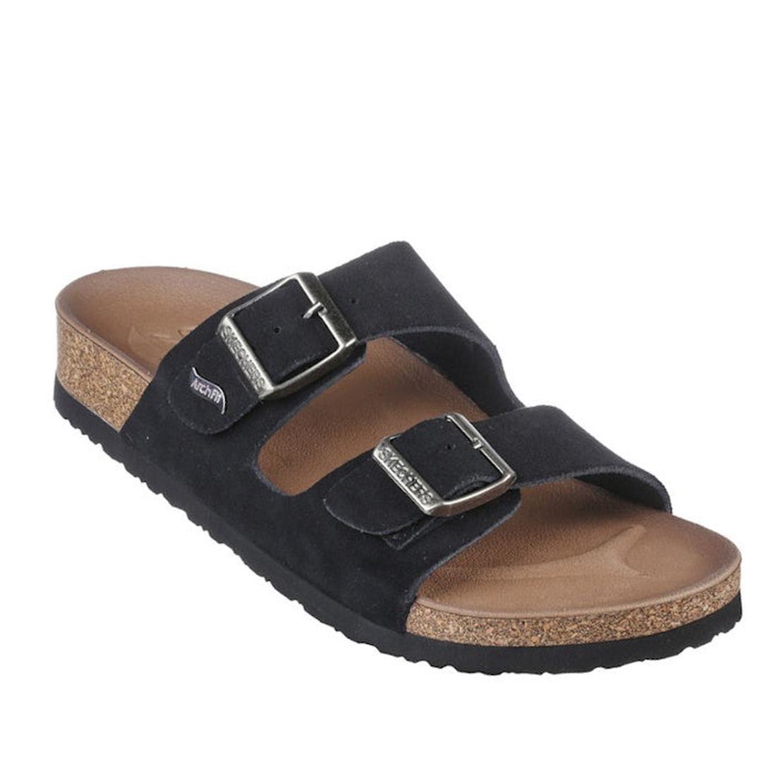 Skechers Women’s Arch Fit Granola Slide: comfy black suede sandals with easy buckle straps, soft cork footbed, and a sturdy black sole.  ksnz