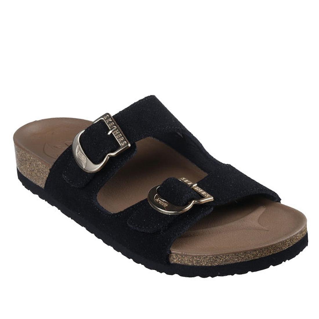 The Skechers Womens Arch Fit Granola Slide Boho Chic features a black suede upper, two adjustable metal buckles, a cork wedge sole, contoured brown footbed, and built-in arch support for all-day comfort.