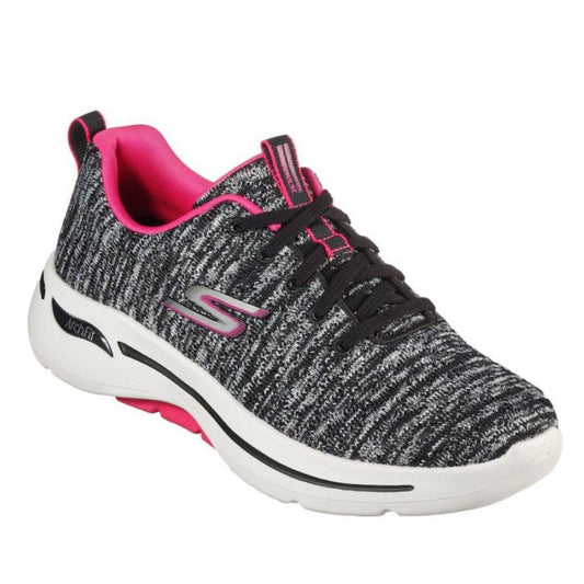 Skechers Arch Fit Lace up Trainer Glee—black and gray knit sneaker with comfy white sole, pink interior, secure laces, and arch support.  ksnz