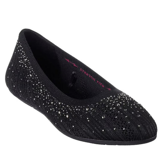 The Womens Skechers Cleo 2.0 Glitzy Daze Ballet Flat Black is a black knit flat with a rounded toe, adorned with rhinestones, eco-friendly materials, and STRETCH FIT in pink inside for comfort and style.