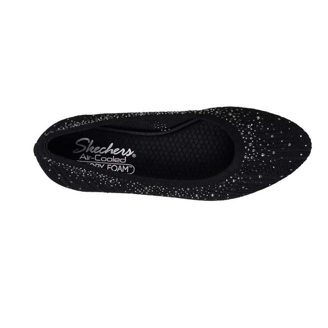 Top view of the Womens Skechers Cleo 2.0 Glitzy Daze Ballet Flat in black, featuring a textured mesh upper with sparkling rhinestones and an insole labeled "Skechers Air-Cooled Memory Foam"—stylish, eco-friendly comfort., 50212, 196989721118, 196989721132