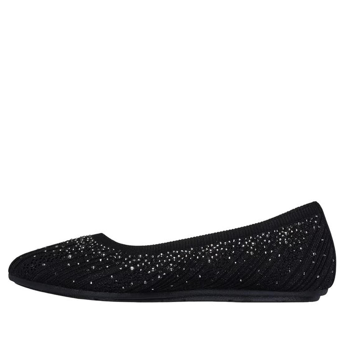 The Womens Skechers Cleo 2.0 Glitzy Daze Ballet Flat in black features a textured surface, sparkling embellishments, a rounded toe, low heel, and an eco-friendly design for stylish and sustainable wear., 50212, 196989721118, 196989721132, 196989721156, 19