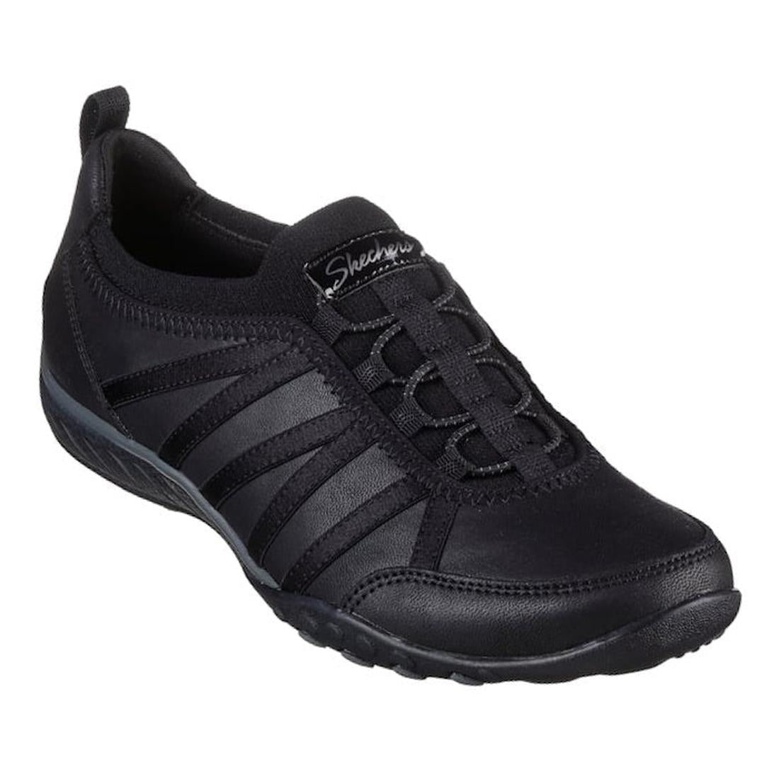 The right foot  of a  black Skechers Breathe Easy Remember Me Relaxed Fit shoes with a synthetic microleather upper and a cushioned insole.