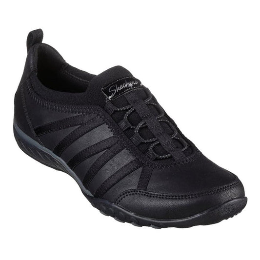 The right foot  of a  black Skechers Breathe Easy Remember Me Relaxed Fit shoes with a synthetic microleather upper and a cushioned insole.