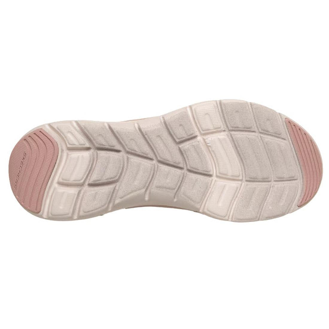 The image shows the outsole of the Skechers Womens Flex Appeal 3.0 Retro Rush Dark Rose, with a grid tread pattern and grooves for flexibility. Its off-white base has light pink rubber at toe and heel for added grip and comfort., 50172, 50173, 19873984539