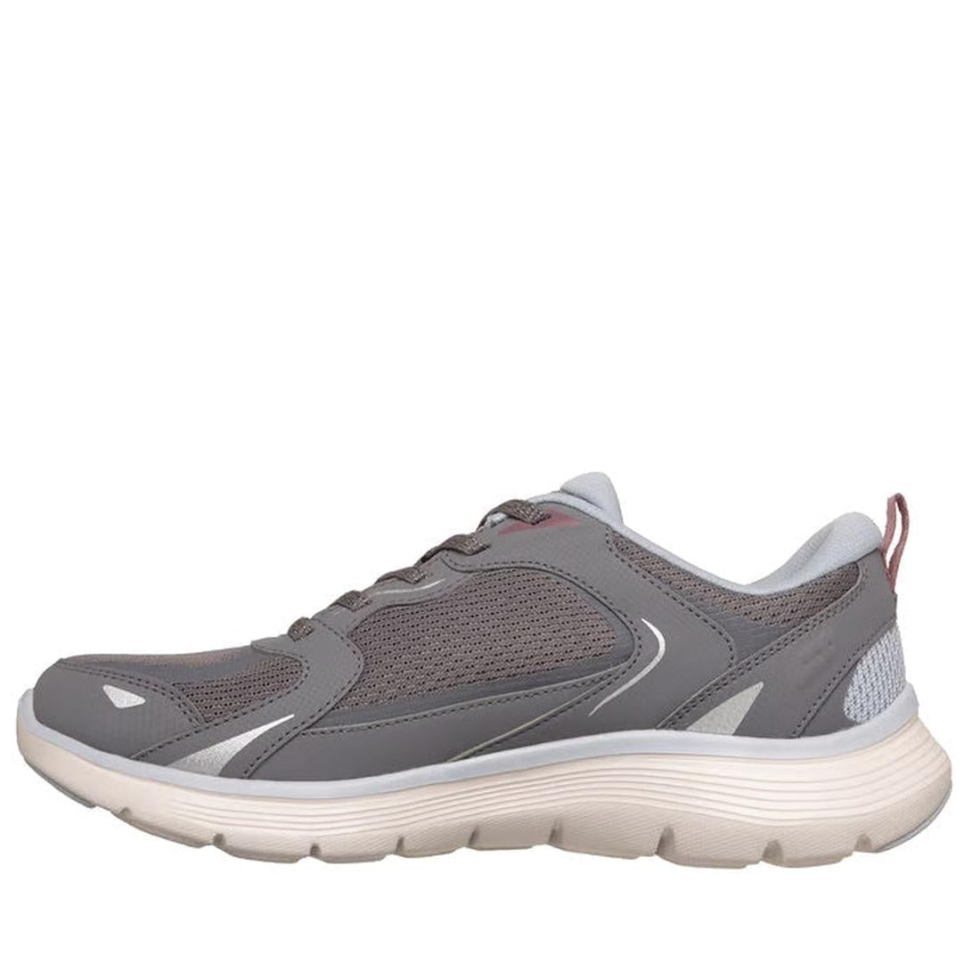 The Skechers Womens Flex Appeal 3.0 Retro Rush Charcoal Grey athletic sneaker features mesh and synthetic overlays, white accents, Air-Cooled Memory Foam cushioning, and a red heel pull tab in a sporty side profile on a white background., 49738, 49739, 19