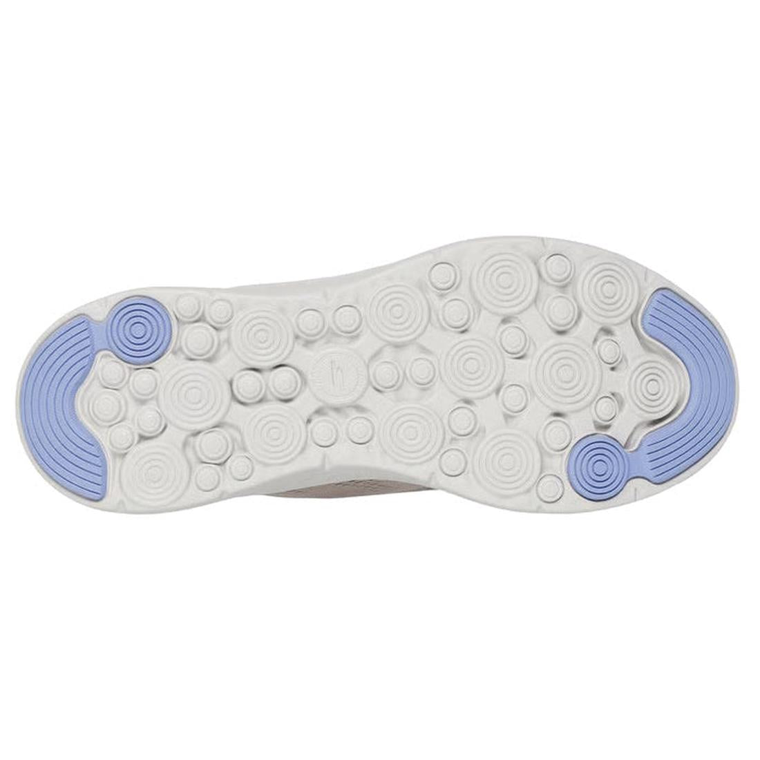 The image shows the sole of the Skechers Womens Slip Ins Go Walk Now Khloe Taupe Blue, featuring a white base with circular patterns and light blue rubber on the toe and heel for traction., 198376872090, 198376872113, 198376872137, 198376872151, 198376872