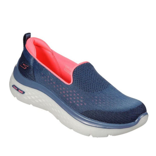 Skechers Hyper Burst Lunar Mars Slip On Navy for women—easy slip-on sneaker with mesh upper, white sole, pink lining, and comfy insole.  ksnz