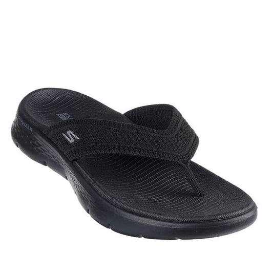 Black flip flop sandal with a strap on a white background,