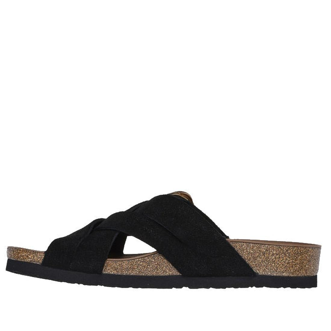 The Skechers Womens Arch Fit Granola Natural Hangout Slide features black suede wide crisscross straps, a cork wedge sole, and a memory foam footbed, displayed in profile on a white background., 41593, 198376647384, 198376647391, 198376647407, 19837664742