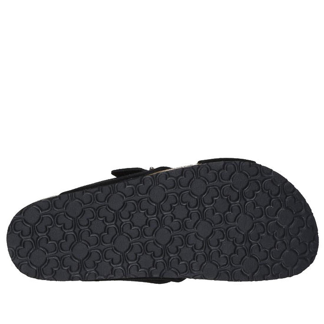The image shows the sole of the Skechers Womens Arch Fit Granola Natural Hangout Slide in black suede, featuring a textured pattern with interlocking shapes for traction and support across the entire durable sole., 41593, 198376647384, 198376647391, 19837