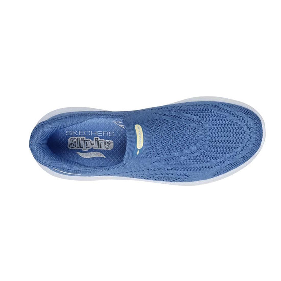 Top view of the Skechers Womens Slip In Go Walk Arch Fit N-Joy Arianne Blue slip-on walking shoe with a mesh upper, white sole, and Skechers Slip-ins branding on the insole., 50456, 50457, 199025434881, 50459, 199025434904, 50461, 199025434928, 50463, 199