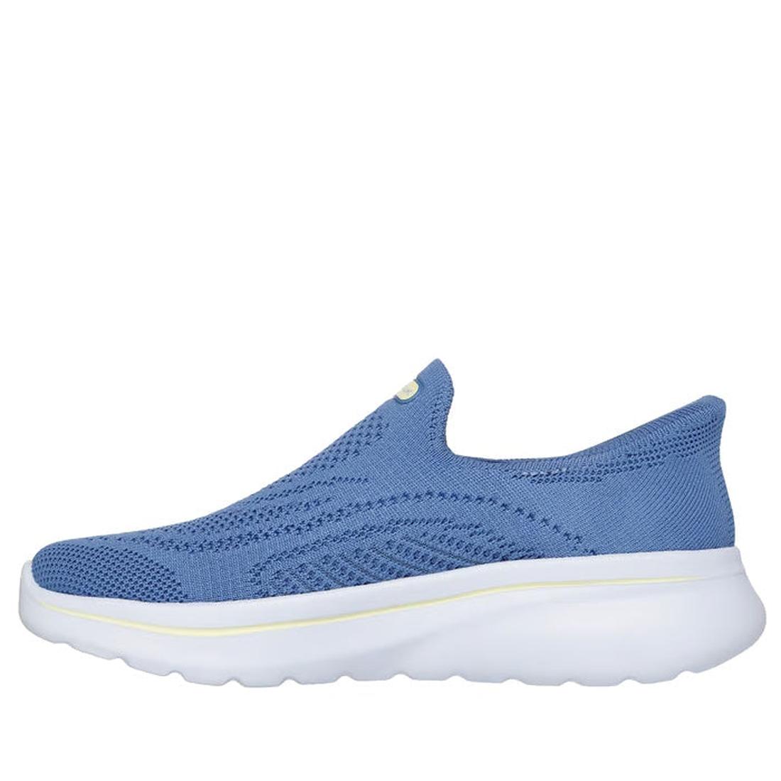 The Skechers Womens Slip In Go Walk Arch Fit N-Joy Arianne Blue is a blue slip-on walking shoe with a breathable mesh upper, white cushioned sole, and subtle white/yellow midsole accents—stylish vegan sneakers for women, shown from the side., 50456, 50457