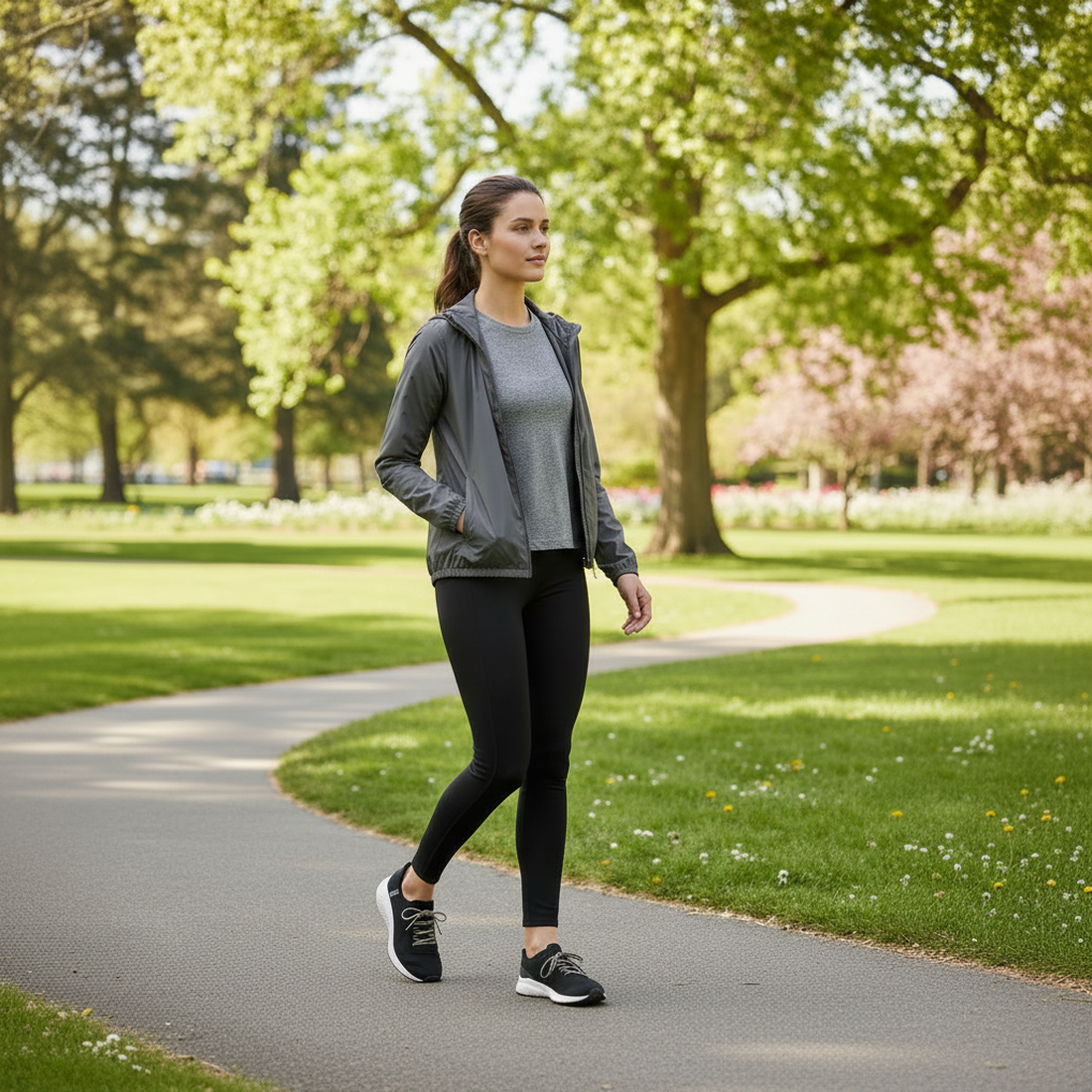 A woman in athletic wear walks through a sunlit, green park, enjoying the comfort of her Skechers Womens Slip-ins Ultra Flex 3.0 - Diamond Dreamer Black Rose Gold shoes., 198376571917, 198376571931, 198376571948, 198376571955, 198376571962, 198376571979, 