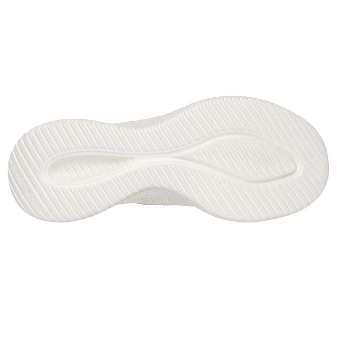 White textured sole with a wavy, grooved tread and curved central design for grip and flexibility, shown on Skechers Womens Slip-ins Ultra Flex 3.0 - Diamond Dreamer Natural Gold with Air-Cooled Memory Foam, viewed from the bottom against a plain backgrou