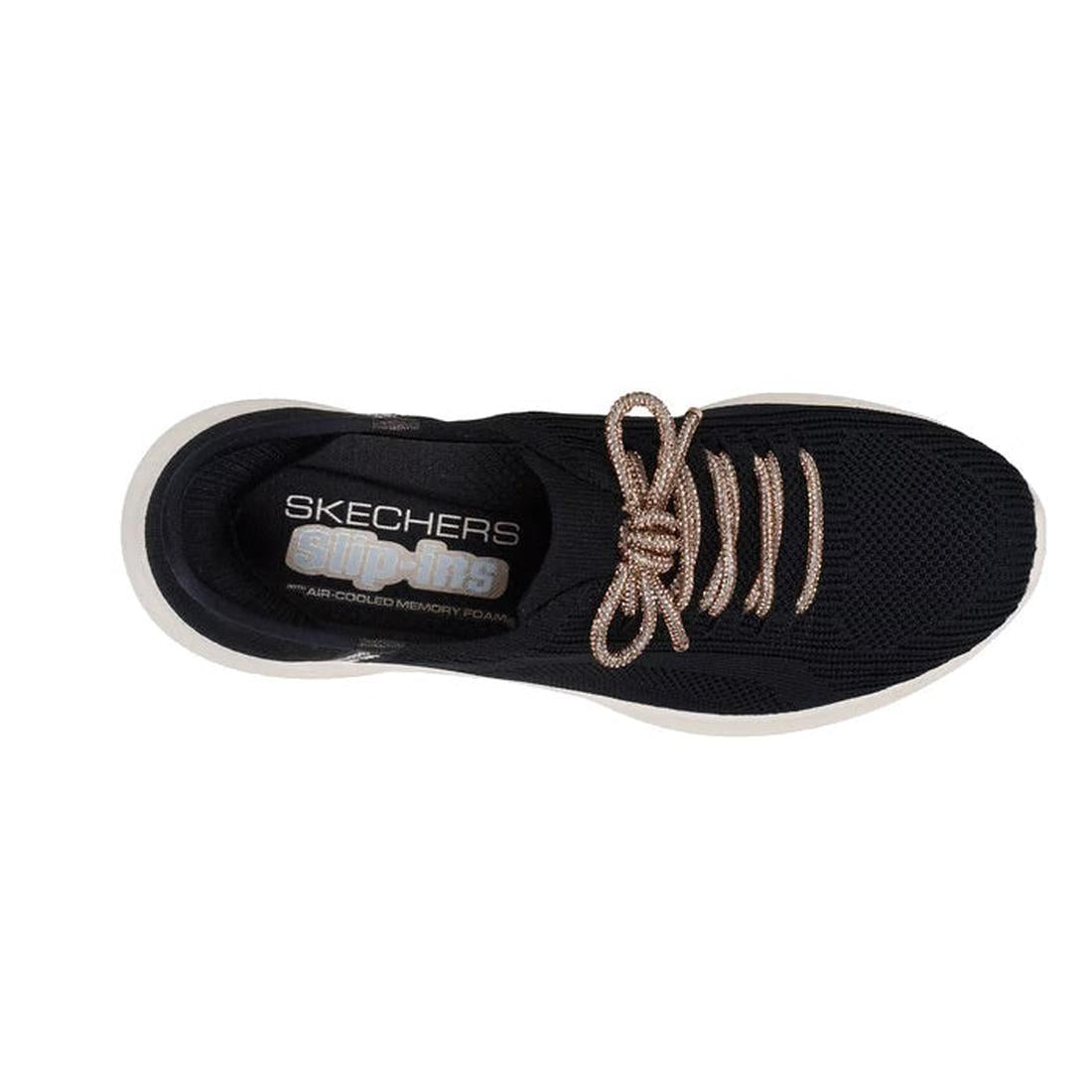 Top view of the Skechers Womens Slip-ins Ultra Flex 3.0 - Diamond Dreamer Black Rose Gold, featuring beige laces, a mesh upper, Air-Cooled Memory Foam insole, and a white sole for comfort., 198376571917, 198376571931, 198376571948, 198376571955, 198376571