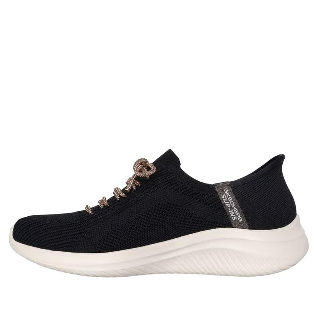 The Skechers Womens Slip-ins Ultra Flex 3.0 - Diamond Dreamer Black Rose Gold features a breathable mesh upper, white textured sole, light brown laces, Air-Cooled Memory Foam for comfort, and heel tab text., 198376571917, 198376571931, 198376571948, 19837