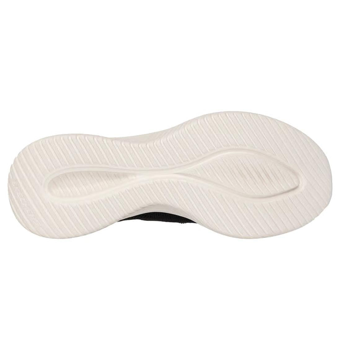 The image shows the white rubber outsole of the Skechers Womens Slip-ins Ultra Flex 3.0 - Diamond Dreamer Black Rose Gold, featuring a wavy tread with horizontal lines and smooth curved grooves for traction., 198376571917, 198376571931, 198376571948, 1983